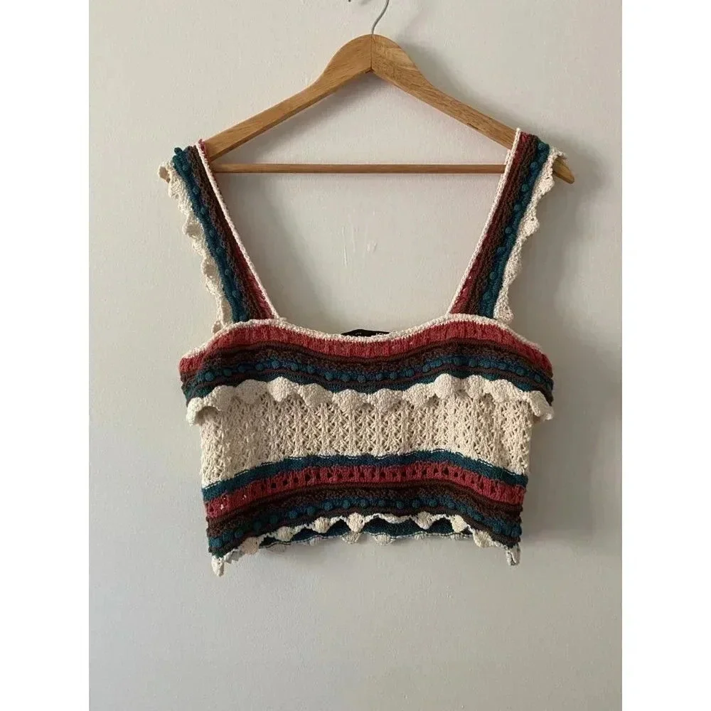 Zara Top Women’s Small Knit Multicolor Crochet Ruffle Crop